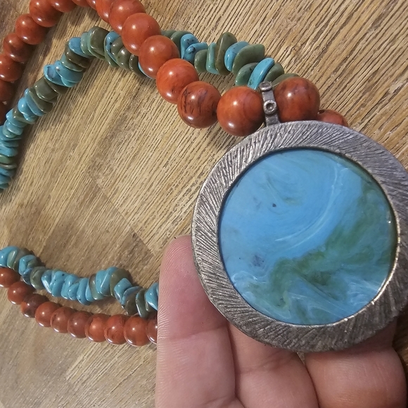 Bohemian Red and Blue Layered Necklace with Bold Pendant - Picture 3 of 5